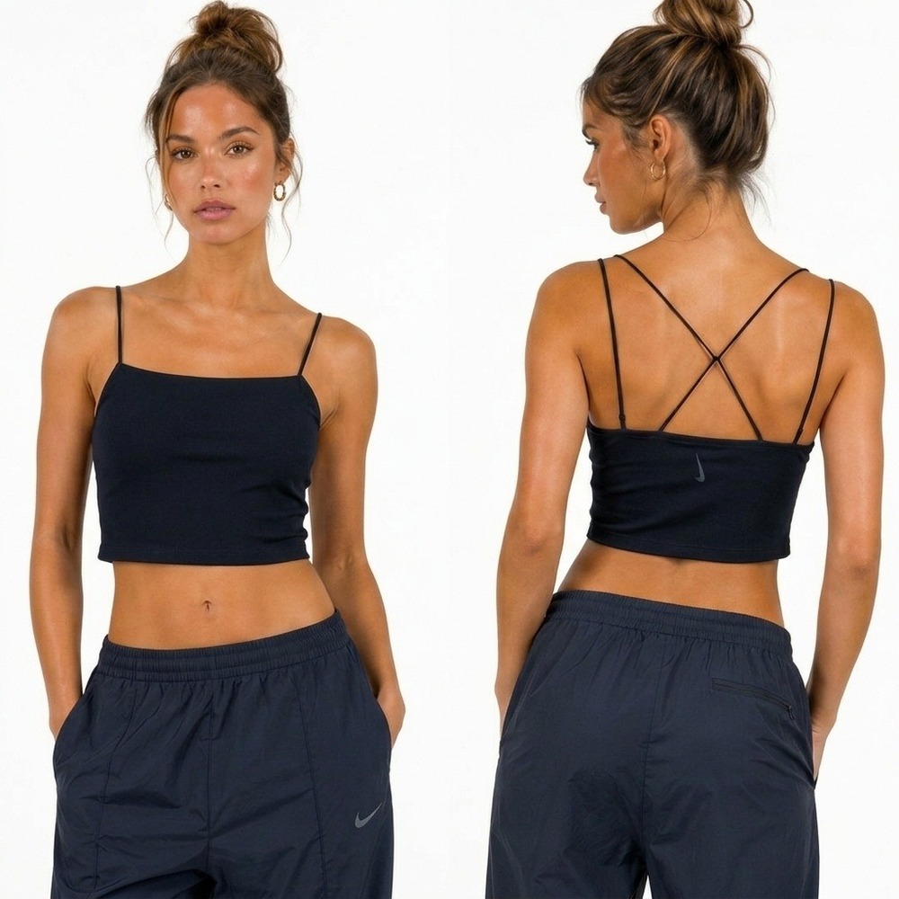 Nike Dri-FIT Ribbed Solid Crop Top Black Sporty Crisscross Back Strappy Size S